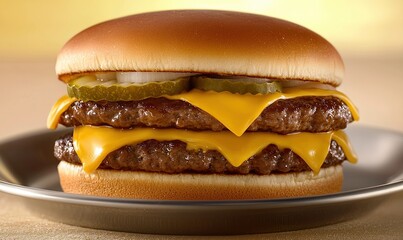 Juicy double cheeseburger served on a silver plate against a muted yellow background