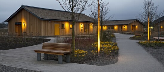 Fototapeta premium Dusk at tranquil wooden cabins, pathway, bench