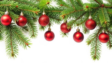 Isolierte Tannenzweige mit roten Kugeln, isolated tree branch with red balls, alone standing tree with red orbs