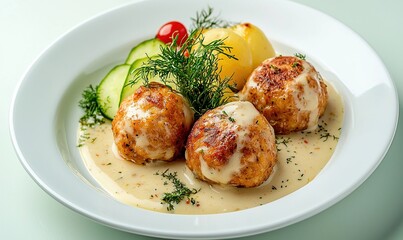 Delicious fiskeboller served with creamy sauce, potatoes, and fresh vegetables on a smooth white plate