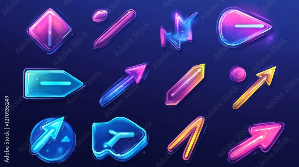Poster colorful arrows, mouse cursors for computer game and ui design. vector cartoon set of glossy pointer