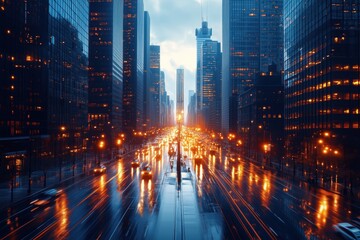 Fototapeta premium Sonnenuntergang über einer belebten Großstadtstraße
