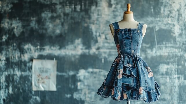 Sustainable Denim Dress on Mannequin Showcasing Eco-Friendly Fashion Concepts and Upcycling Ideals