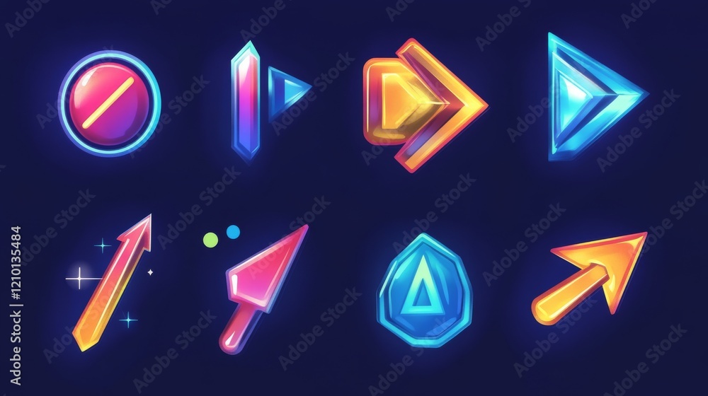 Poster colorful arrows, mouse cursors for computer game and ui design. vector cartoon set of glossy pointer