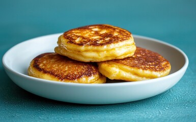 Delicious golden pancakes stacked on a white plate against a teal background in a cozy kitchen setting