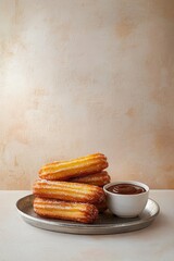 Delicious churros from Spain served with thick chocolate dipping sauce on a silver plate