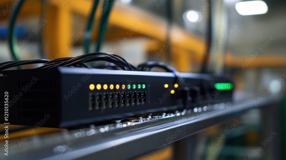 Poster network server displaying blinking lights and connected cables on a metal shelf within a data center