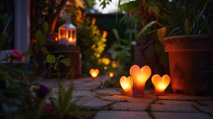 Obraz premium Glowing heart-shaped lanterns illuminate the serene outdoor setting as dusk falls. The soft, warm light from these charming lanterns creates a romantic and peaceful atmosphere, perfect for a tranquil 