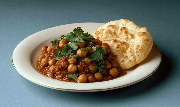 Savor the rich flavors of chole bhature on a white plate against a muted blue backdrop