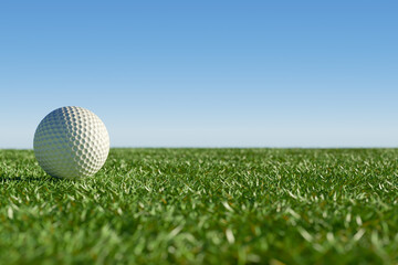 A closeup of a golf ball resting on lush green grass under a clear blue sky. 3d rendering