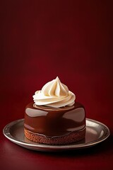Decadent Sacher Torte served on a silver plate with whipped cream against a rich crimson background