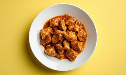 Delicious chicken tikka masala served in creamy spiced tomato gravy on a white plate against a muted yellow background