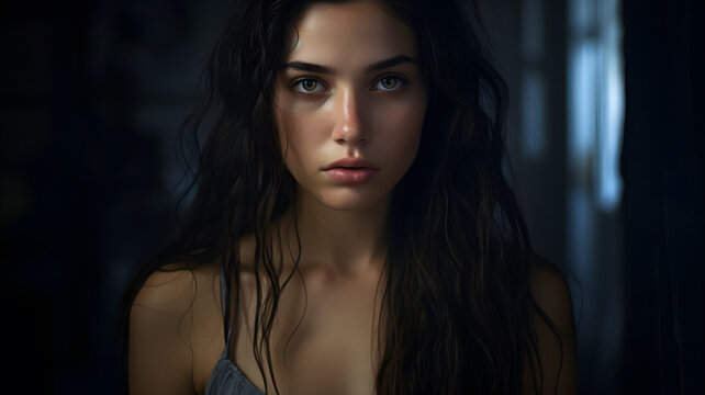 Serene Portrait of a Woman with Long Wavy Hair