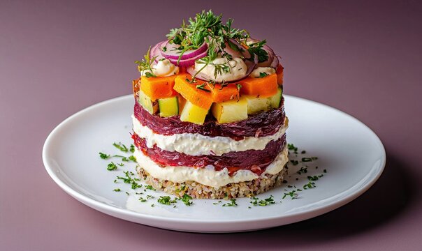 Creative presentation of Selyodka Pod Shuboy layered salad with vibrant colors surprising the palate