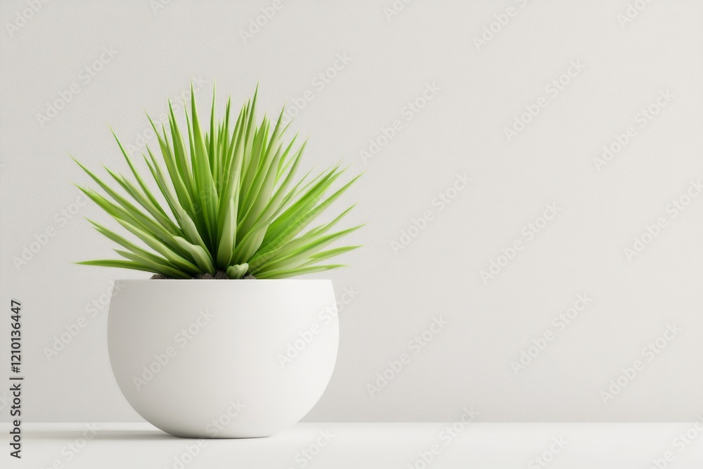 Aufkleber A minimalist design of a single yucca plant in a sleek white planter, centered on a plain gray background with soft shadows