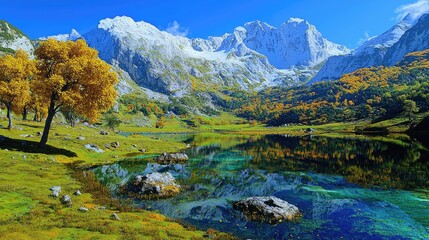 Obraz premium Vibrant yellow autumn trees stand on the grassy shore of a pristine turquoise alpine lake reflecting snow-capped mountains under a clear blue sky.