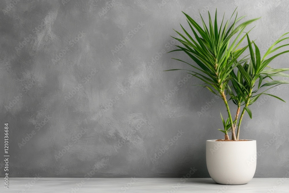 Leinwandbilder a minimalist design of a single yucca plant in a sleek white planter, centered on a plain gray backg