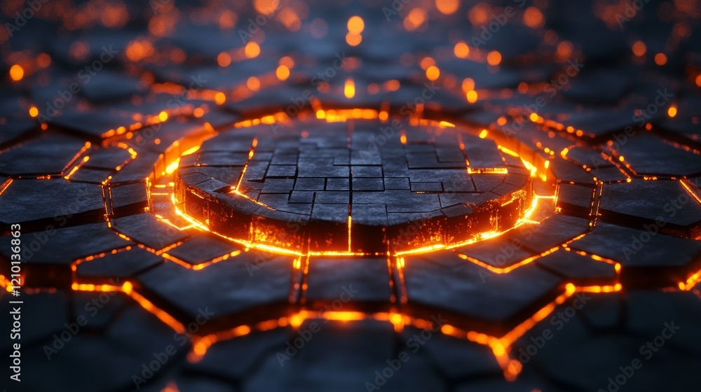 Poster glowing circular platform of dark stone blocks