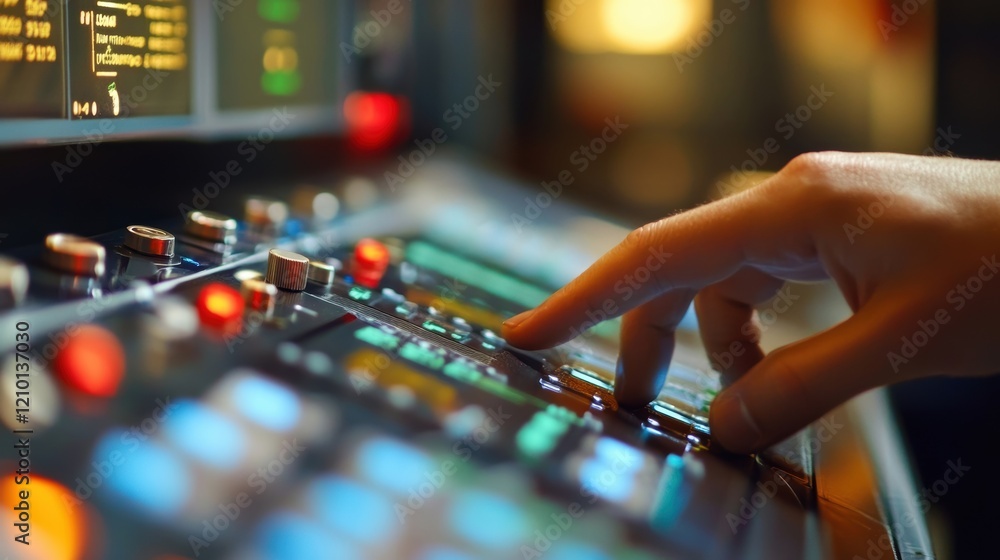 Poster hand of professional audio engineer operating mixing board faders in music recording studio, adjusti
