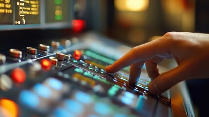 Hand of professional audio engineer operating mixing board faders in music recording studio, adjusting volume and equalizing sound during post production process