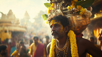 Thaipusam in India, a Hindu devotee in traditional clothing carries a large kavadi full of gold ornaments and jasmine flowers. Ai generated images.