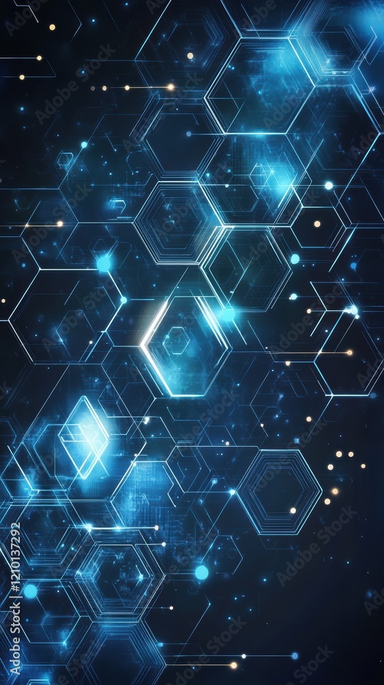 Poster luminous abstract background with hexagonal shapes and glowing elements in a dark setting