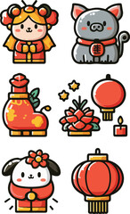 Naklejka premium Chinese new year icon set. Lunar year decorations elements. Happy Lunar Year