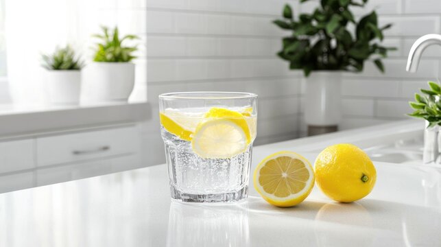 A glass of water with lemon slices on a white countertop.