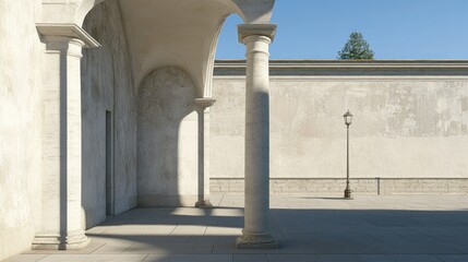 Fototapeta premium Classical columns, courtyard, sunlight, wall, shadows, architectural, design, backdrop, exterior, rendering