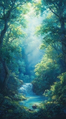 Obraz premium serene forest scene with gentle waterfall surrounded by lush greenery, sunlight filtering through trees, creating tranquil atmosphere