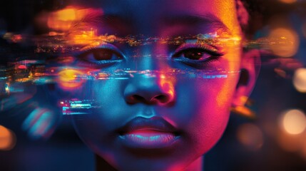 Vibrant visualization of a child's face with colorful lights reflecting in the background at night