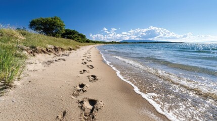 Footprints on sandy beach coastal landscape serene environment panoramic view tranquil concept