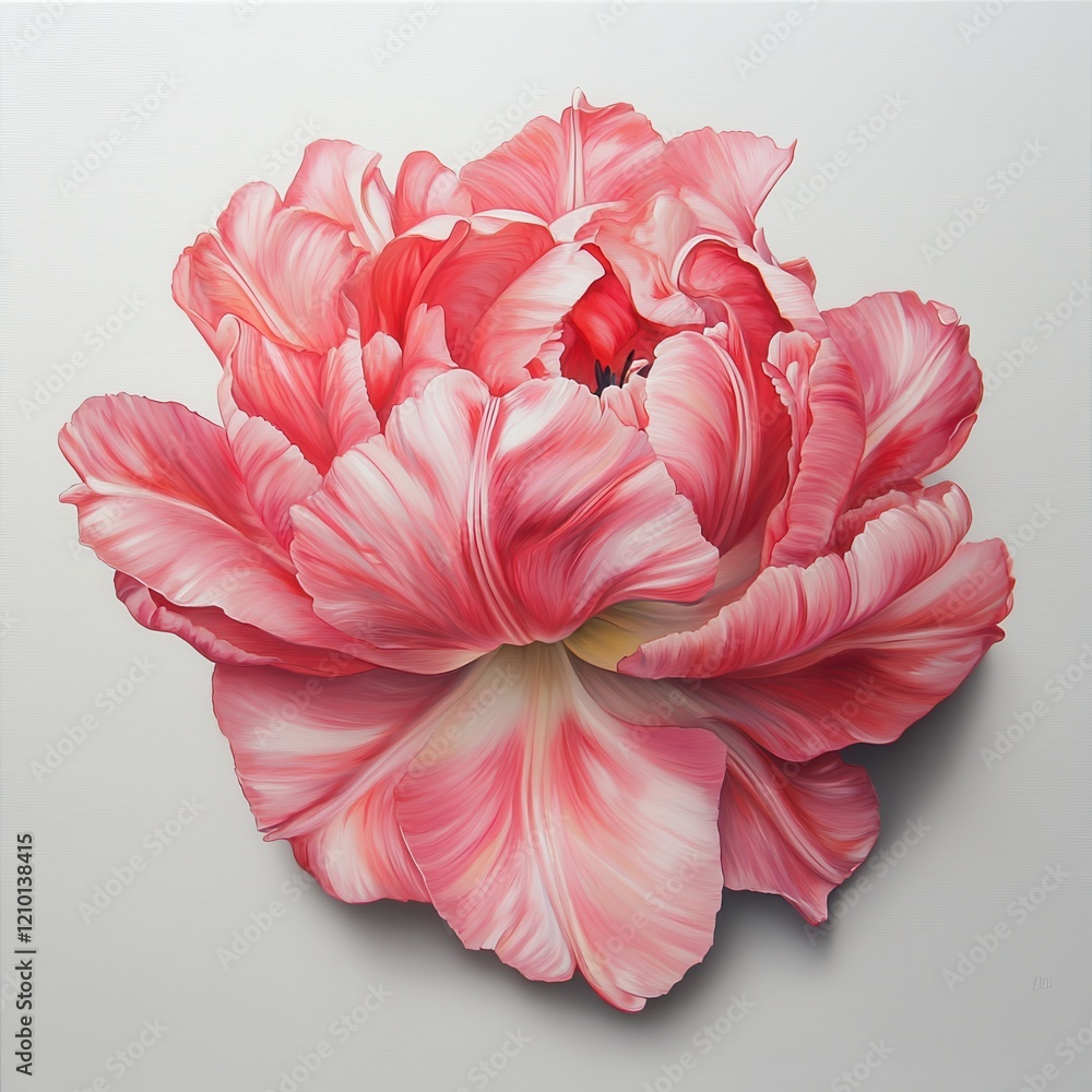 Poster Vibrant pink tulip in full bloom displaying intricate petal textures on a simple background