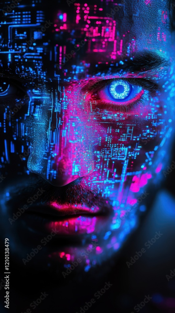 Poster vibrant portrait of a man's face illuminated with digital patterns and glowing blue eyes in a futuri