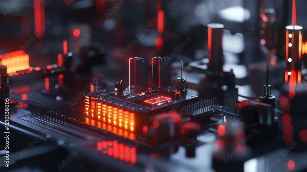 Poster close up of a futuristic motherboard with glowing red lights, highlighting the intricate components 