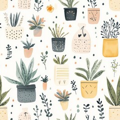 Whimsical watercolor doodles of plants in various pots create a lively botanical illustration
