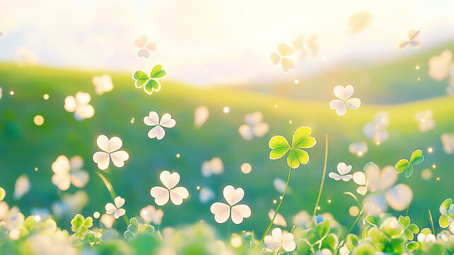 A Pastel Sky with Four-Leaf Clovers Floating in the Glow of Warm Sunlight.
