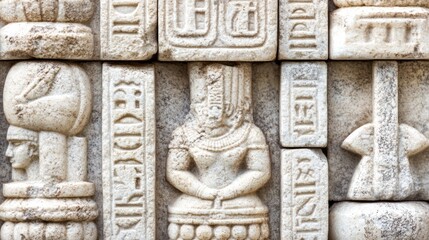 Obraz premium Ancient Egyptian stone carvings, close-up detail, museum display, hieroglyphs background, educational resource