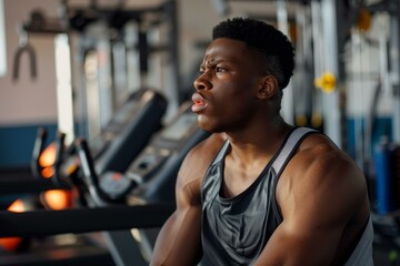 Muscular black man taking a break during his fitness session, showing dedication and strength