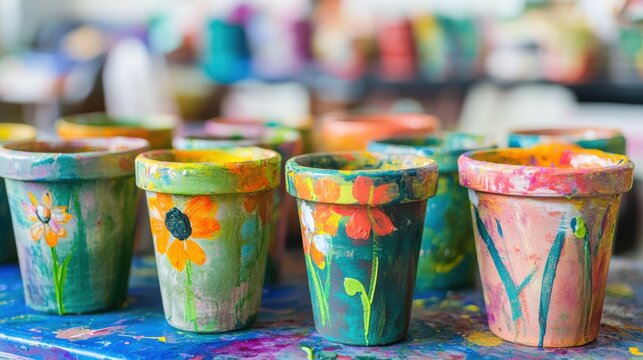 Creative kids express themselves at vibrant art workshop creating painted flower pots