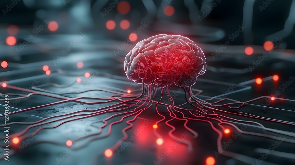 Poster a translucent, red-hued brain model is shown connected to a dark, circuit-board-like surface via glo