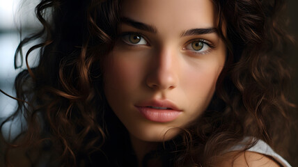 Naklejka premium Serene Portrait of a Woman with Curly Hair