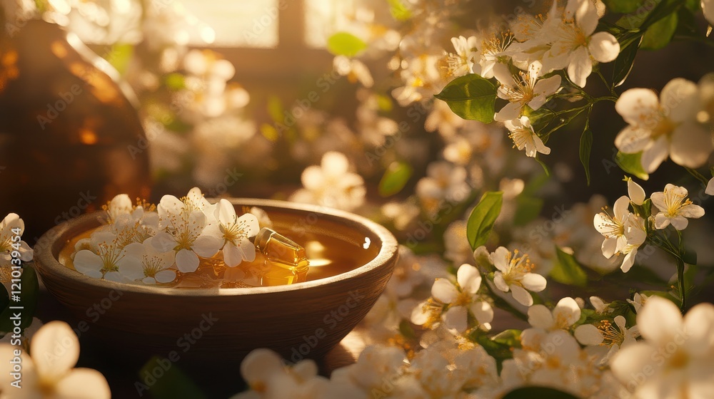 Poster therapeutic massage with infused oils surrounded by fragrant flowers in a tranquil setting