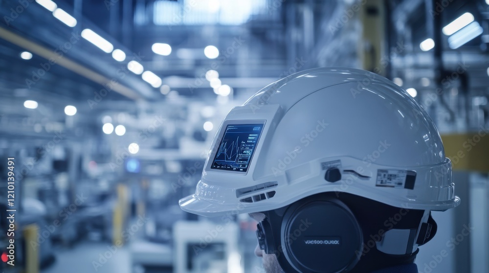 Poster engineer wearing a futuristic augmented reality hardhat with a heads up display, monitoring data and