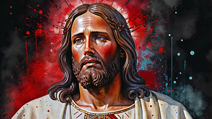 Watercolor drawing Jesus Christ. Dark and red colors. Savior for people. Generative AI.