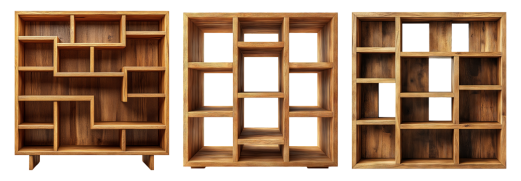 Elegant wooden bookshelf with unique designs on transparent background - Powered by Adobe