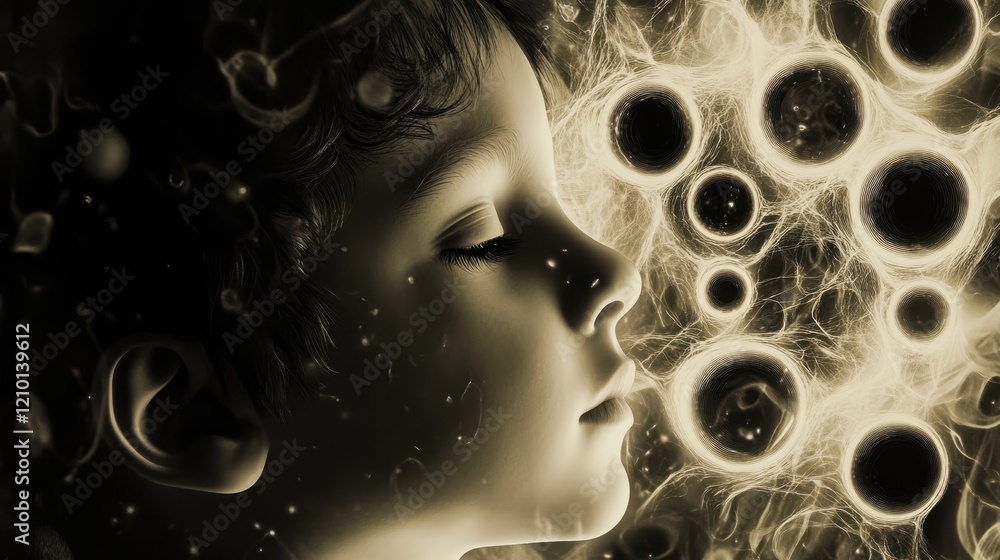 Poster surreal visualization of a child's face with dreamlike elements in a mysterious atmosphere