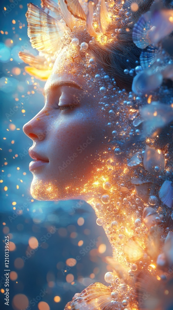 Poster surreal representation of a glowing woman with bubbles and light effects in a dreamlike environment 