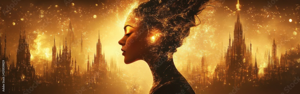 Aufkleber surreal representation of a glowing woman with a dreamlike backdrop of ethereal structures at dusk