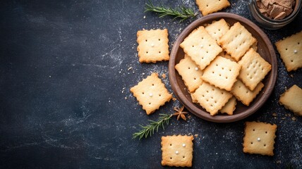 Fototapeta premium Square homemade cookies on dark background with herbs
